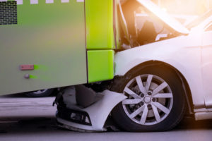 Car and bus accident scene.